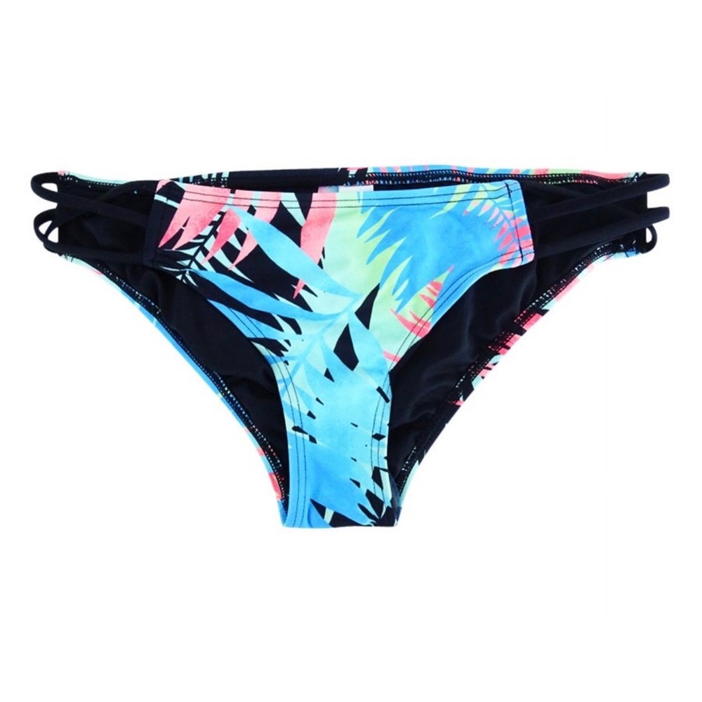 Sun Dazed Womens Tropical Palm Print Strappy Bikini Bottom Blue Pink XL NEW